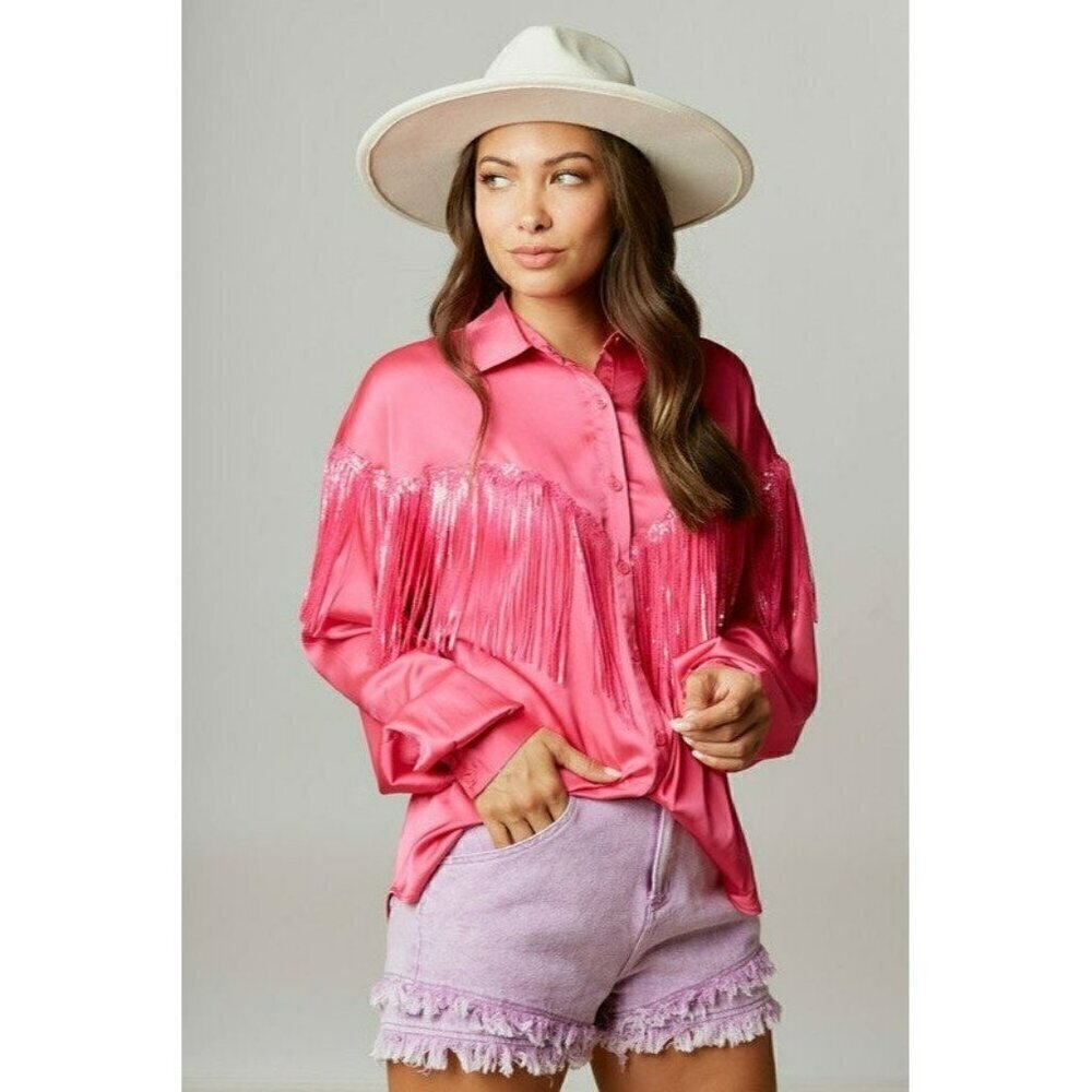 Flirty And Fringe Satin Shirt in Hot Pink - Picture 2 of 7